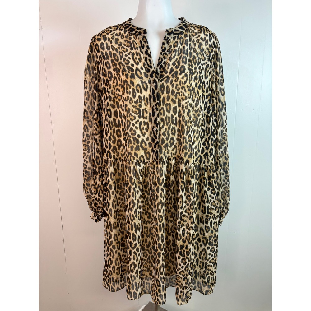 H&M Tunic Dress Large Brown Leopard Sheer Chiffon Tiered Mini Long Sleeve Women